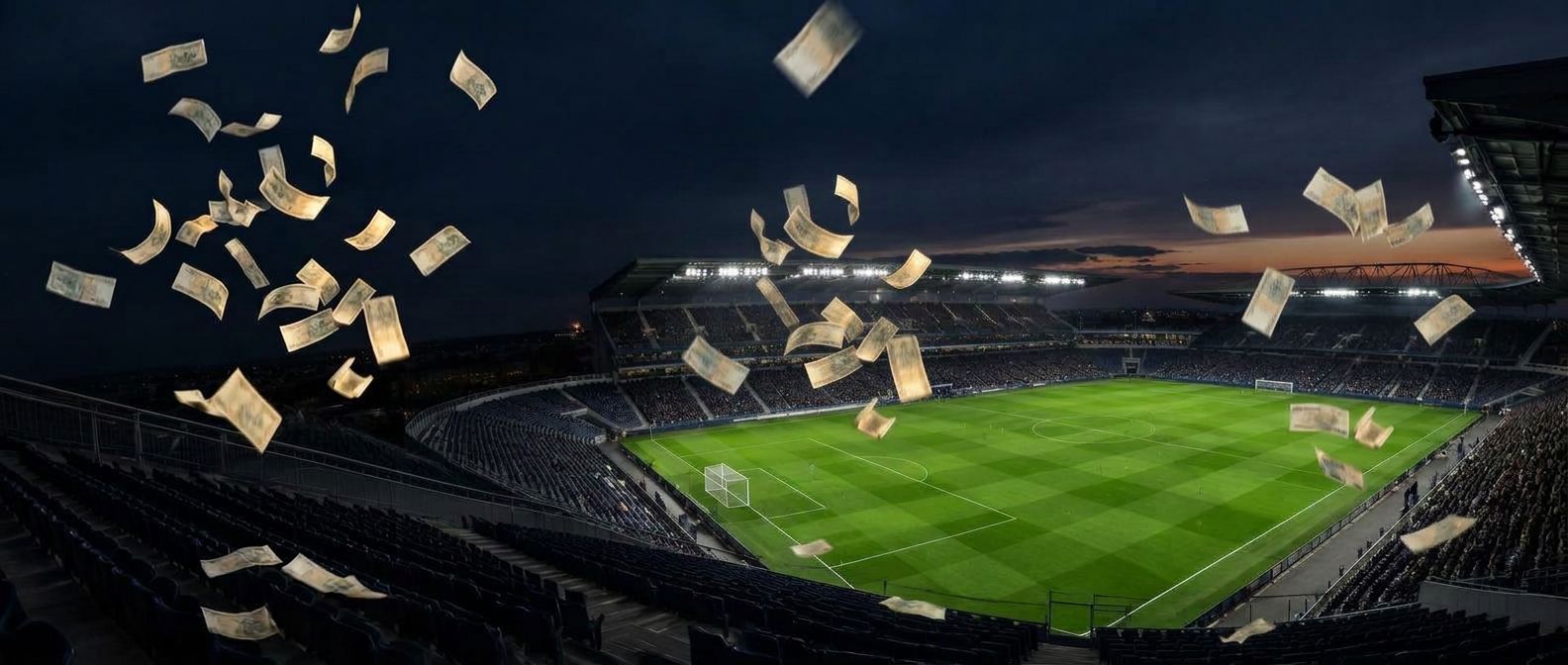 Floodlit football stadium at dusk with banknotes drifting across the night sky